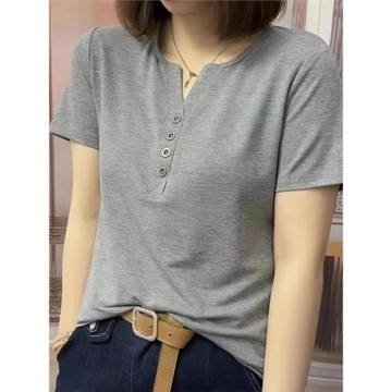 灰色棉質短袖T恤女早春大碼寬松休閑文藝復古早春v領正肩體恤上衣