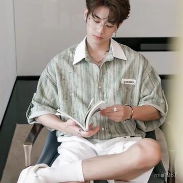 男裝夏季紮染七分袖休閒高級感痞帥條紋短袖襯衫潮
