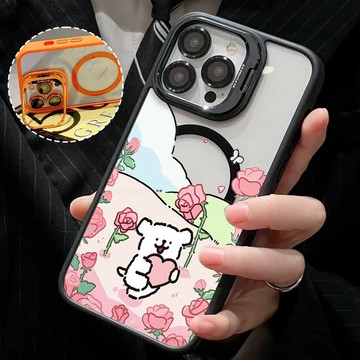 玫瑰線條小狗磁吸金屬鏡頭支架防摔殼 適用 iPhone18promax 17 16 15 14 13 12 11 保護殼