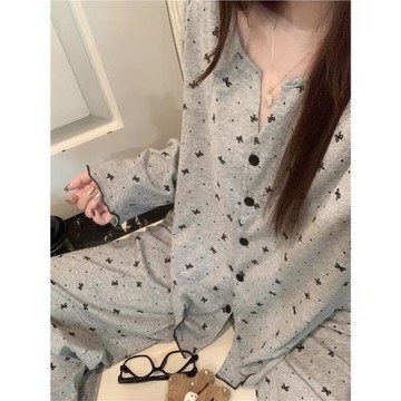 大碼韓系蝴蝶結波點長袖睡衣女春秋季2026超火純棉家居服套裝秋季