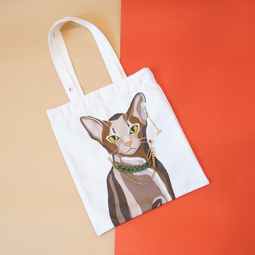 貓咪雙面插畫帆布包白色-阿比西尼亞貓