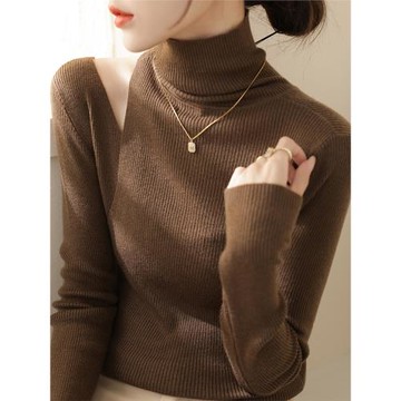 深色系獨特別致羊毛針織打底衫女裝春季百搭露肩堆堆高領內搭上衣