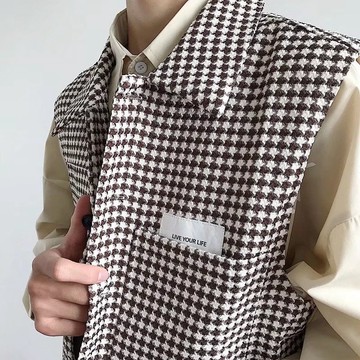 秋季復古格子馬甲外套 男生春秋季寬松馬甲 韓版潮牌潮流痞帥短款背心 簡約休閒馬甲背心坎肩上衣