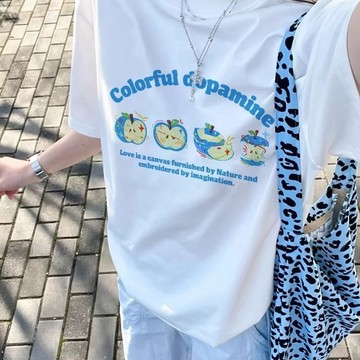 夏季蘋果小眾印花純棉正肩短袖男女新款情侶寬鬆百搭上衣