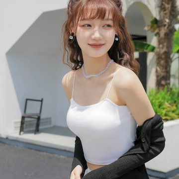 JS - 超細肩帶中短版BRA TOP/附罩杯上衣-梔子白