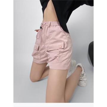 夏季慵懶少女感寬松抽繩松緊腰工裝短褲女復古口袋裝飾闊腿五分褲