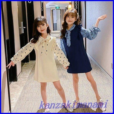 子供服 ワンピース 長袖 春秋 女の子 キッズワンピース ドット柄ワンピース 蝶結び チュニック 子供ドレス ジュニア ベビー服 おしゃれ 可愛い 誕生日 新品 160