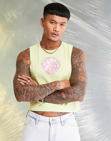 ASOS DESIGN vest with knot back & chest print in yellow-Black