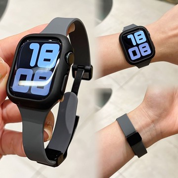 磁吸折疊扣 矽膠錶帶 細錶帶 適用於 Apple Watch Se S11 10 9 8 49 45 42 46MM