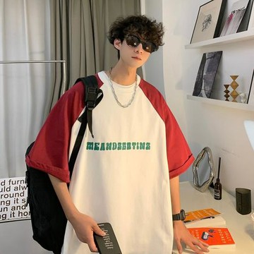 撞色拼接半袖t恤男ins港風潮流寬松短袖體恤夏季青少年男裝打底衫