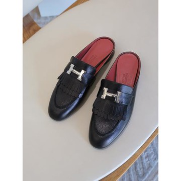 2023春夏新款歐貨H扣流蘇穆勒鞋女低跟真皮包頭半拖鞋涼鞋H家半托