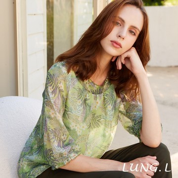 LUNG.L林佳樺 綠色葉片印花波邊雪紗A-line七分袖女裝上衣LQ26A