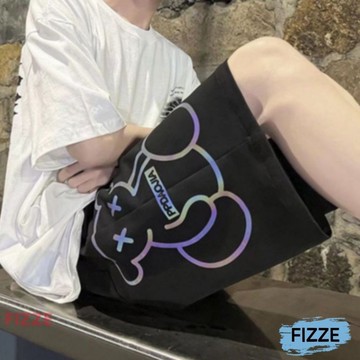 反光小熊五分褲 男生短褲夏季男短褲潮牌寬鬆運動短褲休閒短褲直筒短褲素面短褲(APF94【FIZZE】