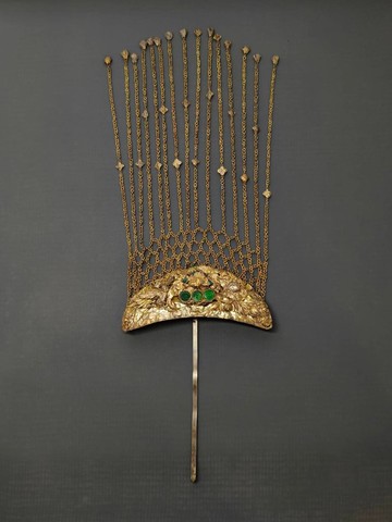 老鎏金花卉與鳥大流蘇髮簪– 古董髮飾 / 祈福護符 - 純古董