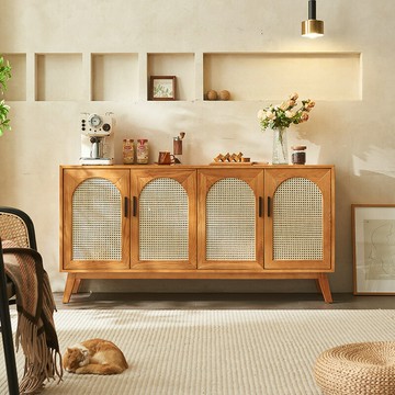 台灣公司貨 免運 可開票 復古實木餐邊柜侘寂風客廳茶水柜儲物柜日式藤編玄關柜中古收納柜