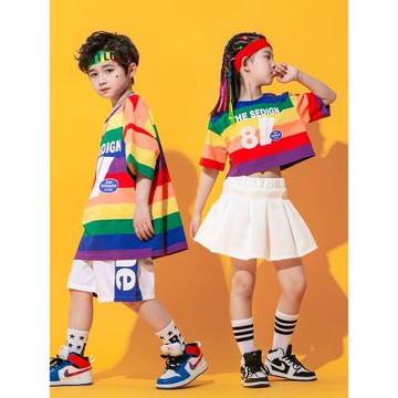 啦啦隊服兒童街舞演出服夏男童女童寬松短袖套裝小學生啦啦操潮服
