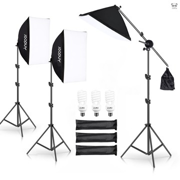 專業影室照明柔光箱三燈套裝 含3個45W燈泡 + 3個50*70cm柔光箱 + 3個2米燈架 + 1個懸臂架 美規110