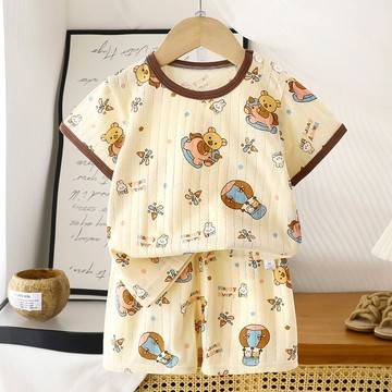 WarmNest - 純棉網眼透氣短袖短褲家居服套裝-木馬熊熊