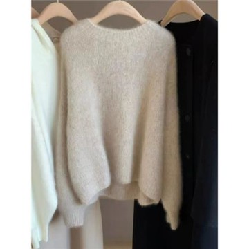 高級感！圓領套頭純羊毛衫女秋冬寬松針織衫上衣加厚短款打底毛衣