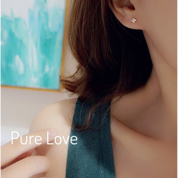 Pure Love樂芙 /正韓 銀飾【S925純銀】E0283簡約通體純銀迷你花朵鑲鑽四葉花鋯石耳環 / 金