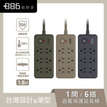 +886極野家 1開6插雙排過載保護延長線1.8米 V2 HPS2160 (3色可選)