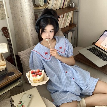 夏季新款甜美泡泡袖格子睡衣女可愛娃娃領短袖套裝家居服外穿 短袖短褲居家服 寬鬆睡衣套裝 兩件套睡衣 短袖睡衣 韓版睡衣