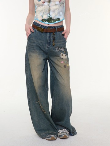 ziziFei''貓咪畫報''印花美式復古新款高腰顯瘦直筒闊腿牛仔褲女