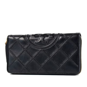 TORY BURCH 專櫃款 FLEMING 絎縫格紋壓花雙T拉鍊長夾-黑色