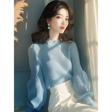 休閑溫柔藍色圓領泡泡袖軟糯針織毛衣設計感慵懶小眾洋氣顯瘦上衣