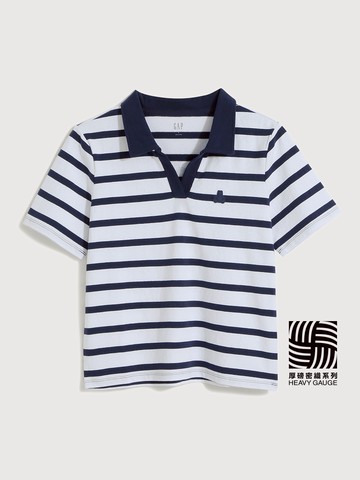 女裝 小熊刺繡短袖POLO衫-海軍藍條紋