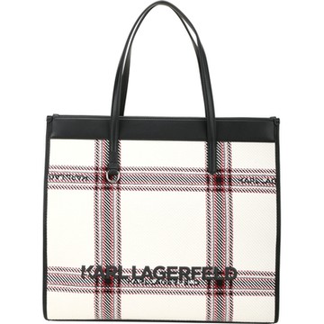 KARL LAGERFELD K/SKUARE 大款 羊毛格紋花呢皮革手提/肩背托特包(白色)