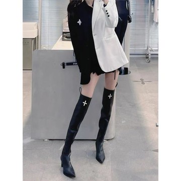 秋冬顯瘦十字花高筒騎士靴子尖頭過膝長靴女高跟粗跟長筒靴女黑色