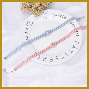 JK風飾品 少女粉色格紋頸帶 珍珠扣雙環頸鍊項圈 Choker鎖骨鏈項鍊