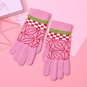 和柄麻葉格紋單層手套-淺紅