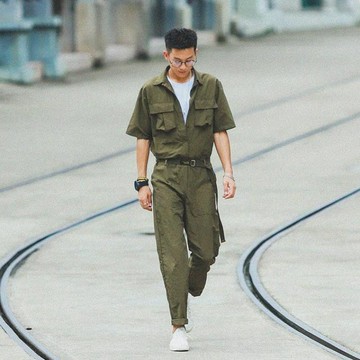 【台灣出貨】 連體工裝服套裝ins潮流日系復古工裝連體衣套裝男潮牌短袖連體褲