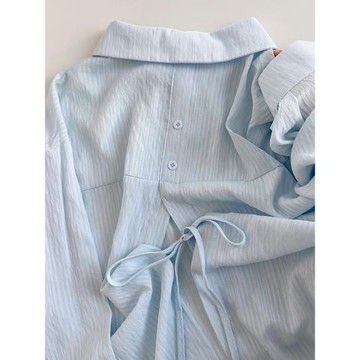 寬松慵懶風藍色天絲冰絲襯衫女夏季吊帶外搭薄紗防曬罩衫雪紡開衫