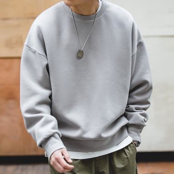 馬登工裝日系復古灰色落肩太空棉衛衣空氣層無帽圓領外套頭男潮款