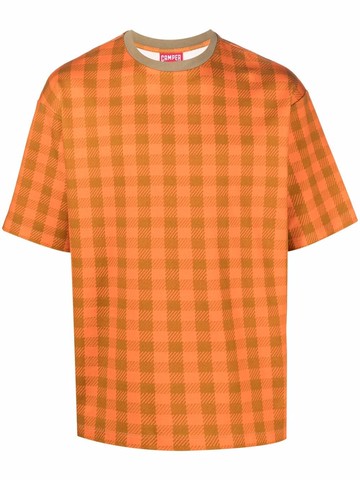 Camper - check-print T-shirt - unisex - Organic Cotton - L - Orange
