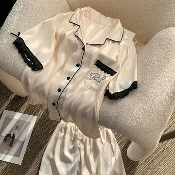 韓版💖冰絲睡衣女夏天薄款ins風條紋短袖絲綢家居服高級感套裝可外穿大尺碼寬鬆休閑家居服 舒適兩件套涼感睡衣 PNMI