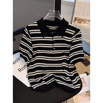 (免運)冰絲針織短袖T恤女2025秋冬新款大碼寬松胖mm顯瘦polo衫條紋上衣