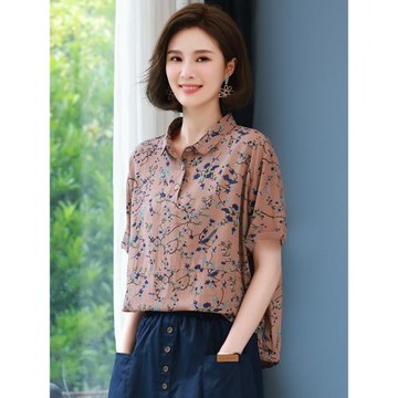 短袖女襯衫2025年新款夏季寬松休閑襯衣中年媽媽氣質漂亮碎花上衣
