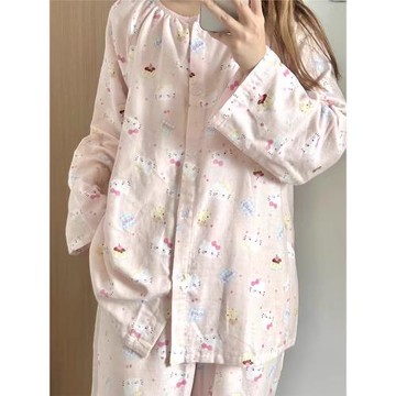 可愛少女凱蒂貓印花純棉長袖睡衣女春秋季新款開衫長褲家居服套裝