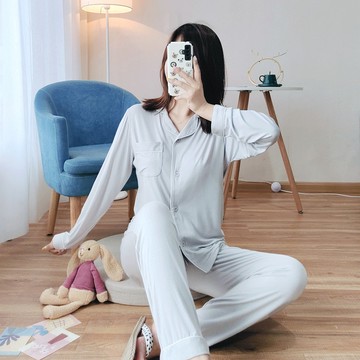 彈力莫代爾長袖女生睡衣套裝 春夏薄長袖長褲睡衣居家服 日系素色莫代爾小外套翻領 酒店家居服睡衣套裝