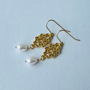 復古雕花  日本天然珍珠 法式優雅搖曳14KGF 耳環