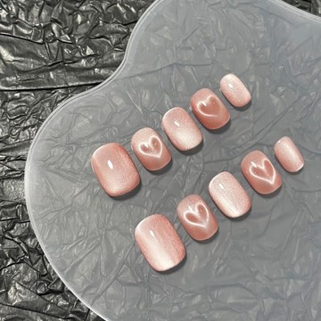 🎀台灣出貨🎀心動訊號愛心閃動貓眼光療手工穿戴甲可拆卸式粉色反復使用指甲