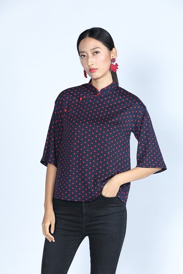 ESSIE波爾卡圓點上衣 - 海軍藍紅色