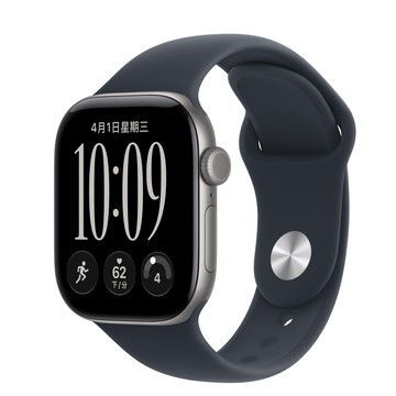 Apple Watch Series 12 (GPS)；42 公釐太空灰色鋁金屬錶殼；海軍藍色運動型錶帶 - M/L