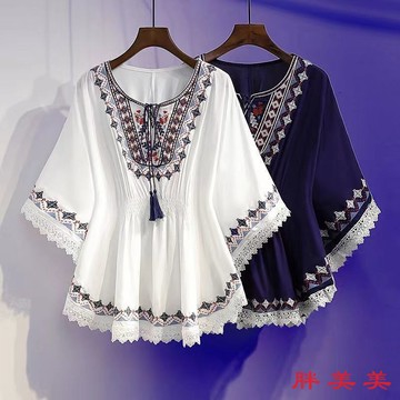 【M-5XL大尺碼】大尺碼女裝 新中式女裝 古風衣服 夏季民族風女裝2024年新款洋氣大碼女裝遮肚顯瘦複古民族風雪紡衫