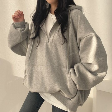 💕甜心大尺碼💕大尺碼 100%衛衣女高檔拉鏈連帽加絨純色秋冬款衣服vintage春秋薄款寬松