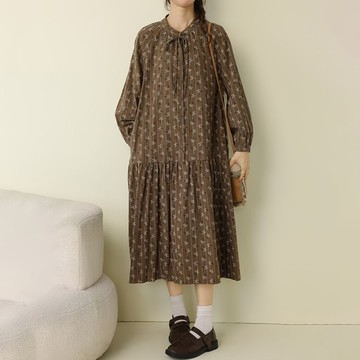 復古碎花綁帶條紋洋裝122117C